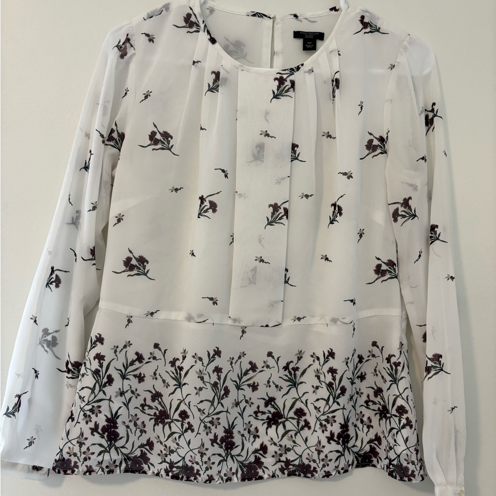 Ann Taylor Factory White Sheer Floral Blouse